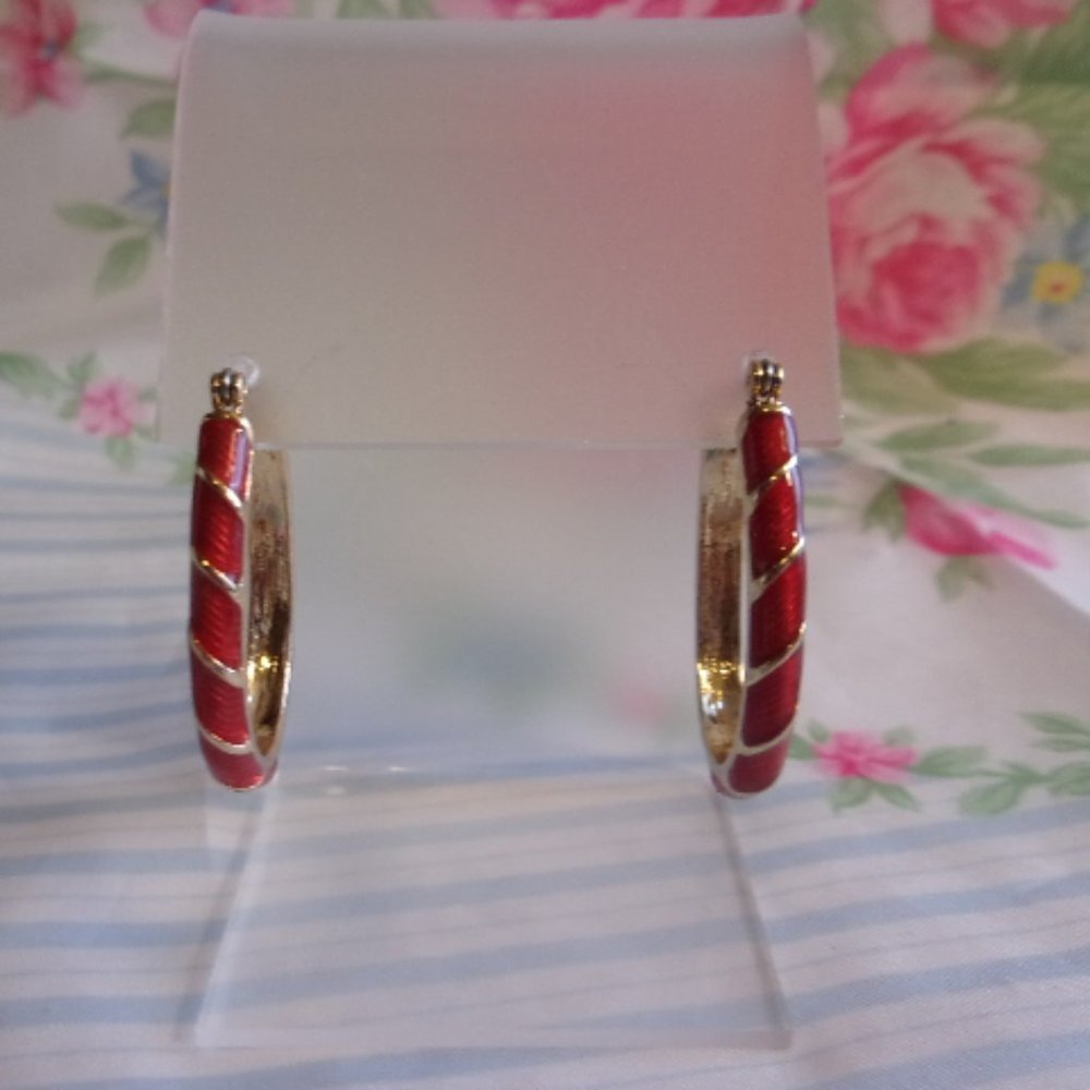 Avon Red and Gold Enamel Hoop Pierced Earrings